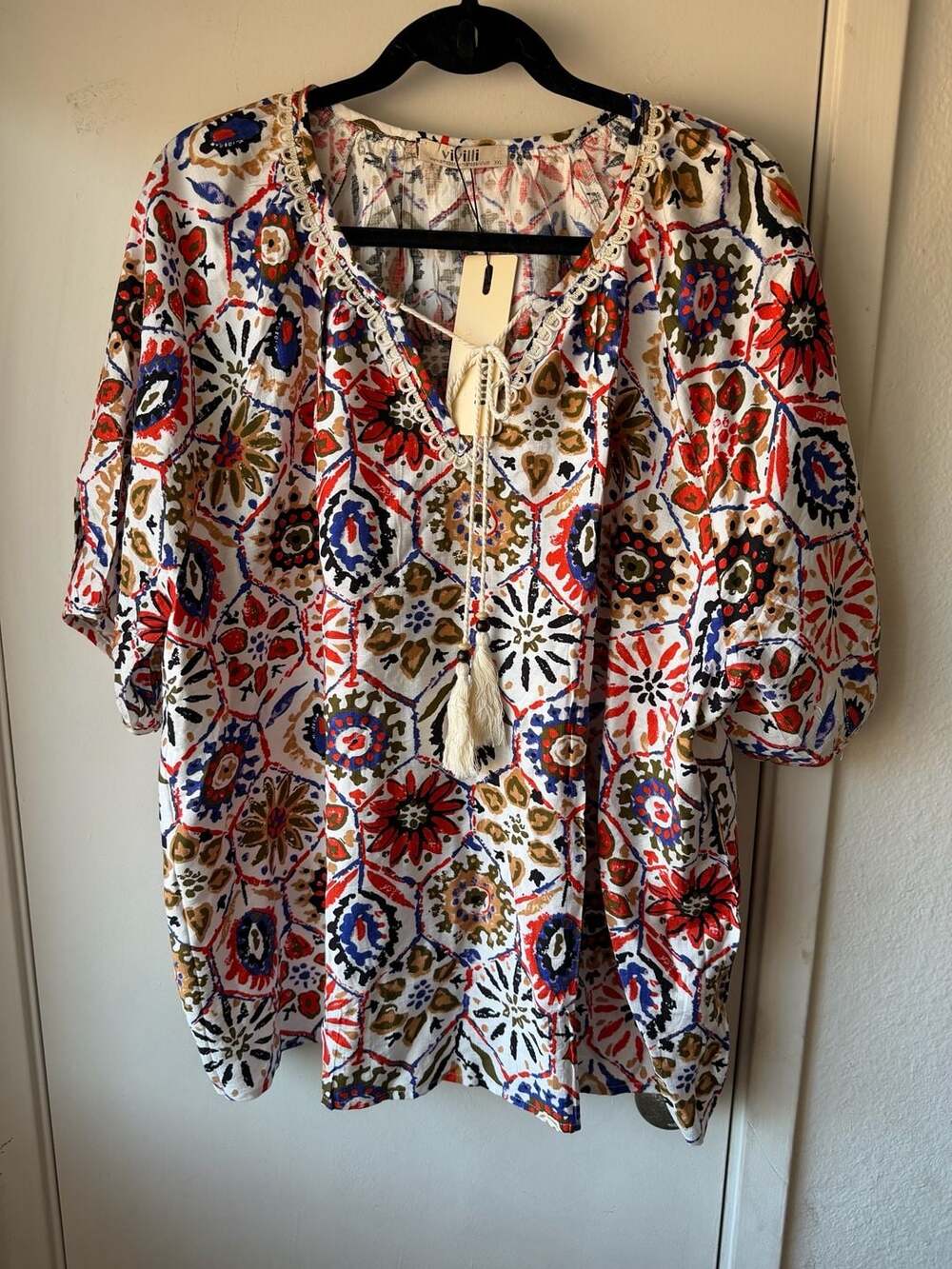 Vivilli Blouse Size XXL Multicolored Geometric Boho Tassel Peasant Top